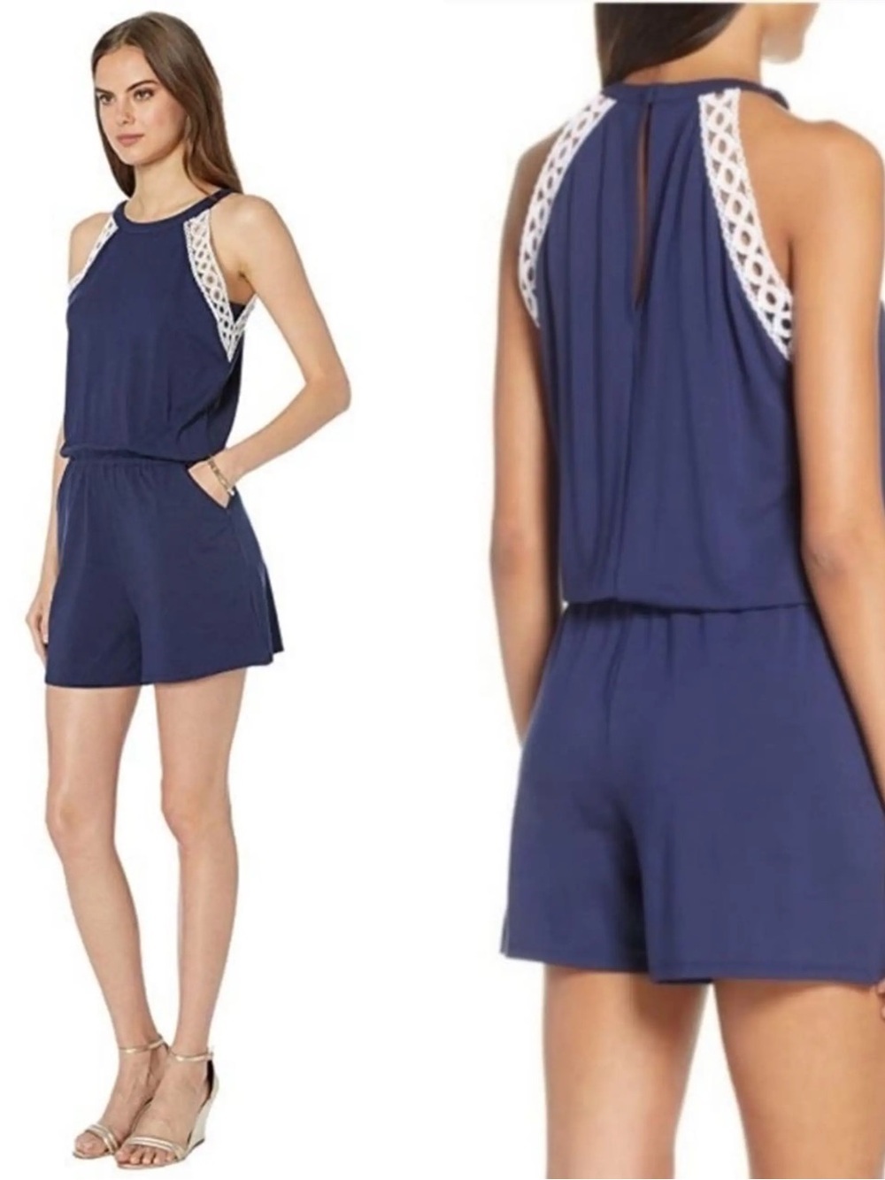 Lilly Pulitzer Lala Romper With Crochet Trim Size S in Navy